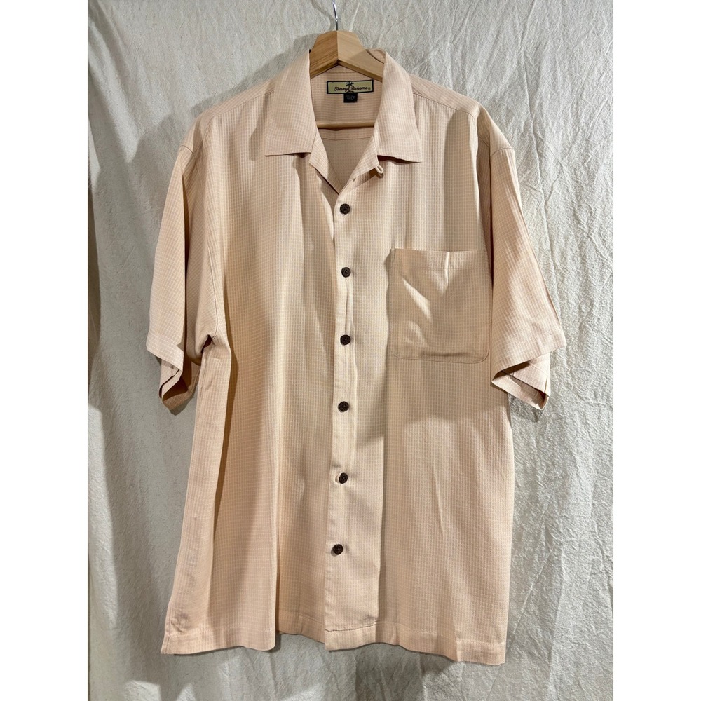 Tommy Bahama Mens Large 100% Silk Short Sleeve Camp Shirt Peach Textured Shirt